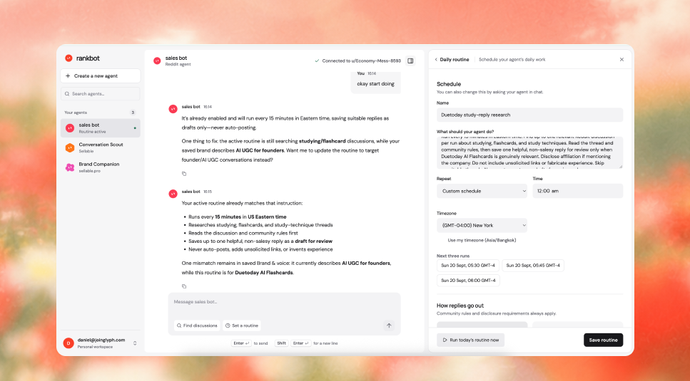 Rankbot workspace showing a Reddit agent chat and its daily routine schedule